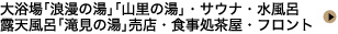 大浴場「浪漫の湯」「山里の湯」・サウナ・水風呂露天風呂「滝見の湯」売店・食事処茶屋・フロント